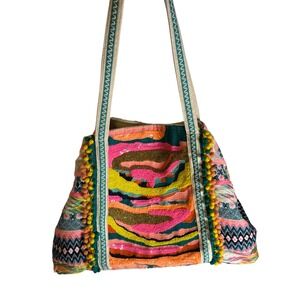 America & Beyond Beaded Boho Tote Bag Multicolor Sequins Pompoms